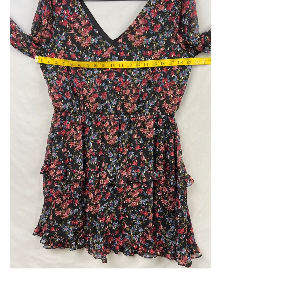 BCX Floral Tiered Mini Dress Women XL Black Red Gold Metallic V-Neck Ruffle - Picture 7 of 11